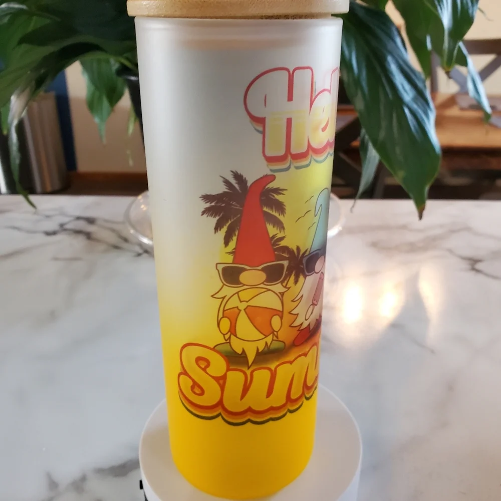 HELLO SUMMER Gnomes 20oz Gradient Yellow Glass Tumbler with duo lids 🎉sale